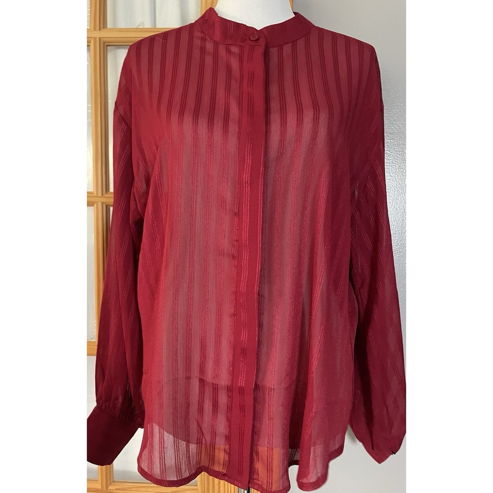 New York Company Button Up Blouse XL Red Striped Long Sleeve Career City Holiday